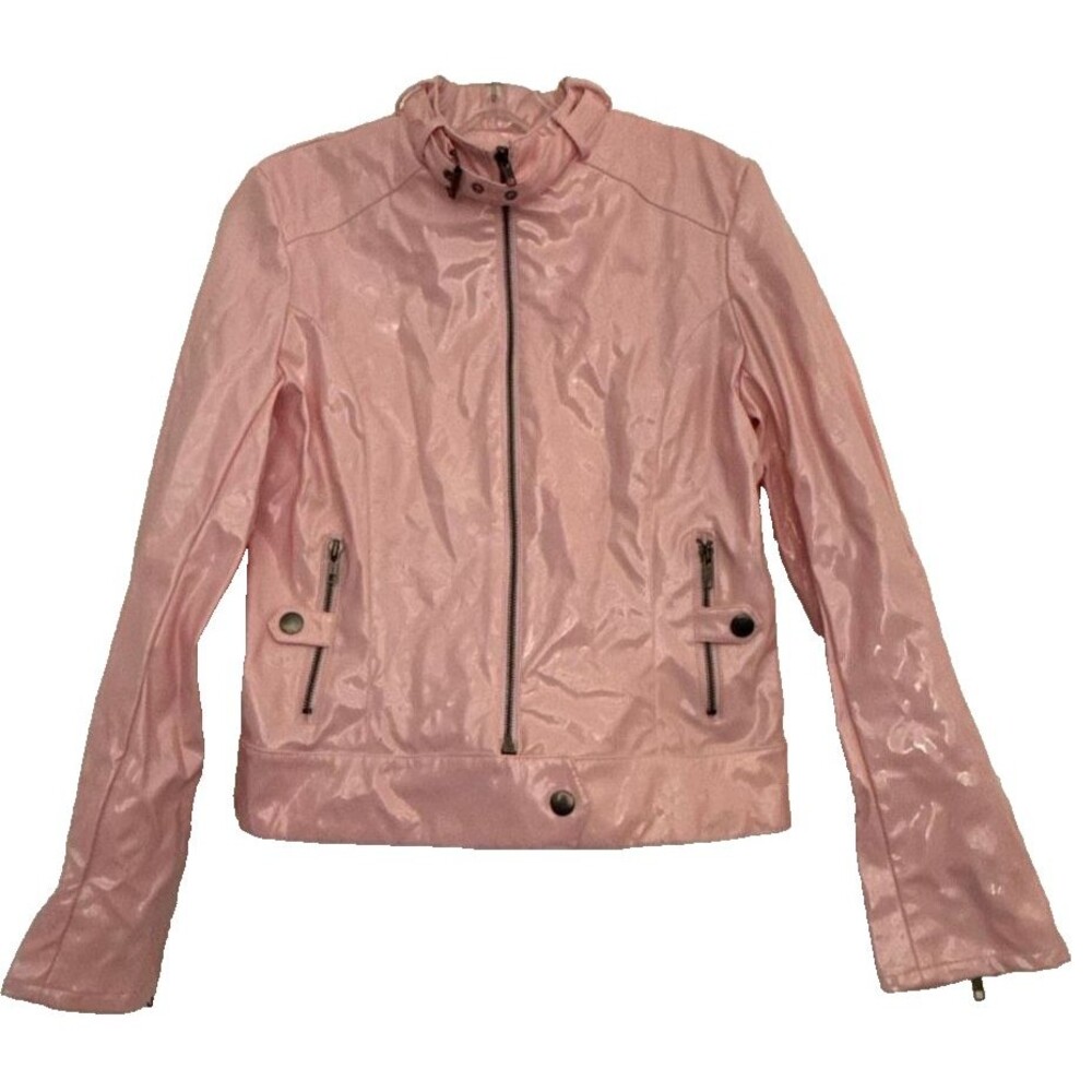 Women's Pink Faux Leather Moto Jacket Size M Zippered Pockets Stylish BB Dakota